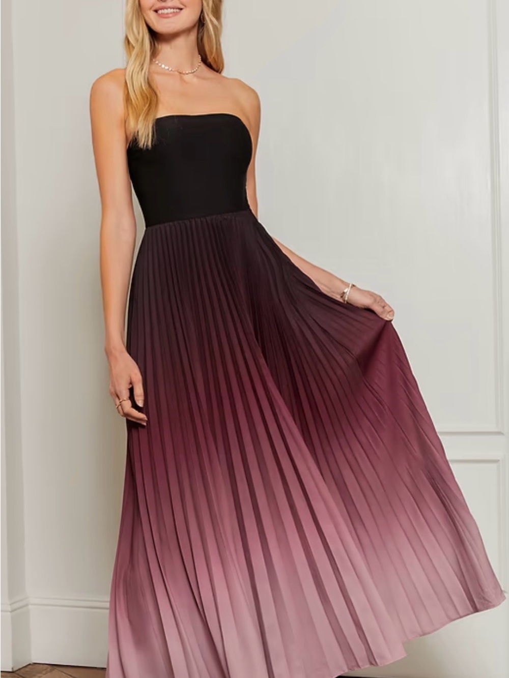 Cupshe NWOT Strapless Ombre Pleated Maxi Dress - Black and Mauve size M